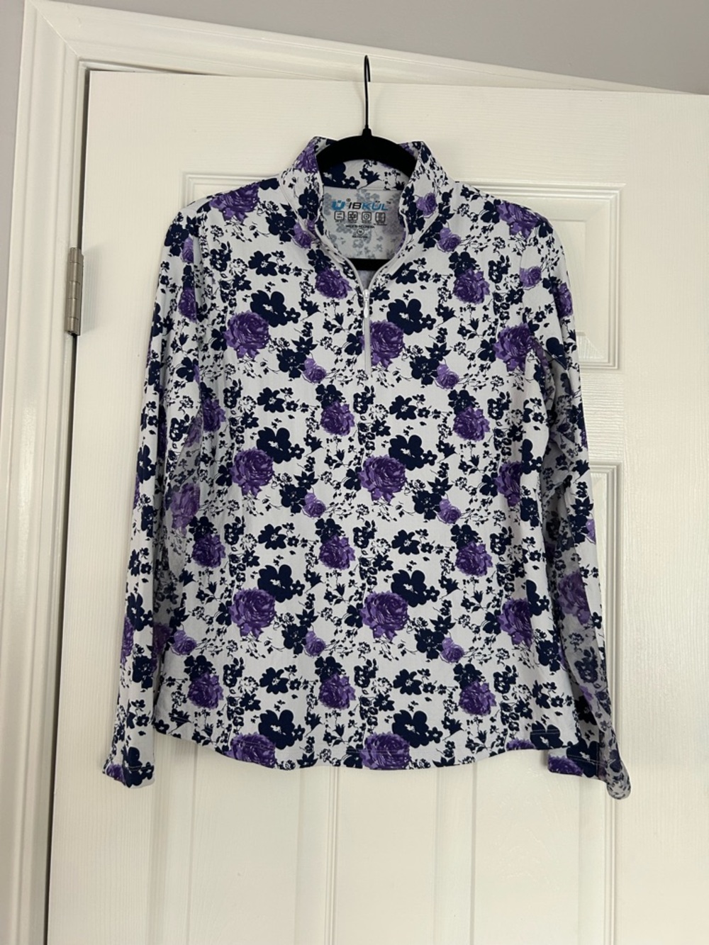 IBKUL White Floral Quarter-Zip Pullover with Purple & Navy Flowers UPF 50